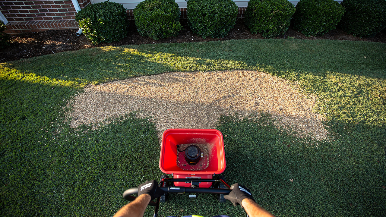 Lawn care professional applying granular pre-emergent herbicide with spreader