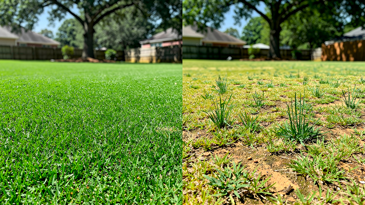 Healthy dense lawn contrasted with weed-invaded patchy turf section