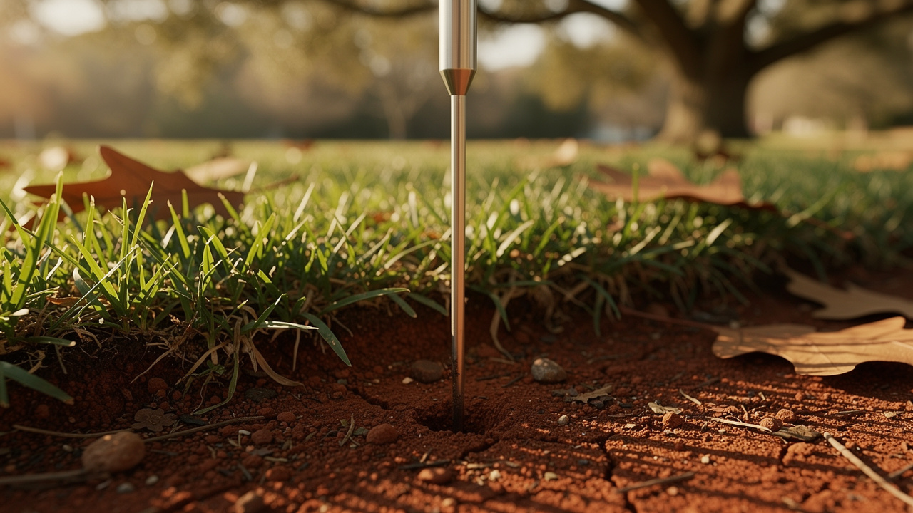 Soil thermometer probe measuring ground temperature for pre-emergent timing