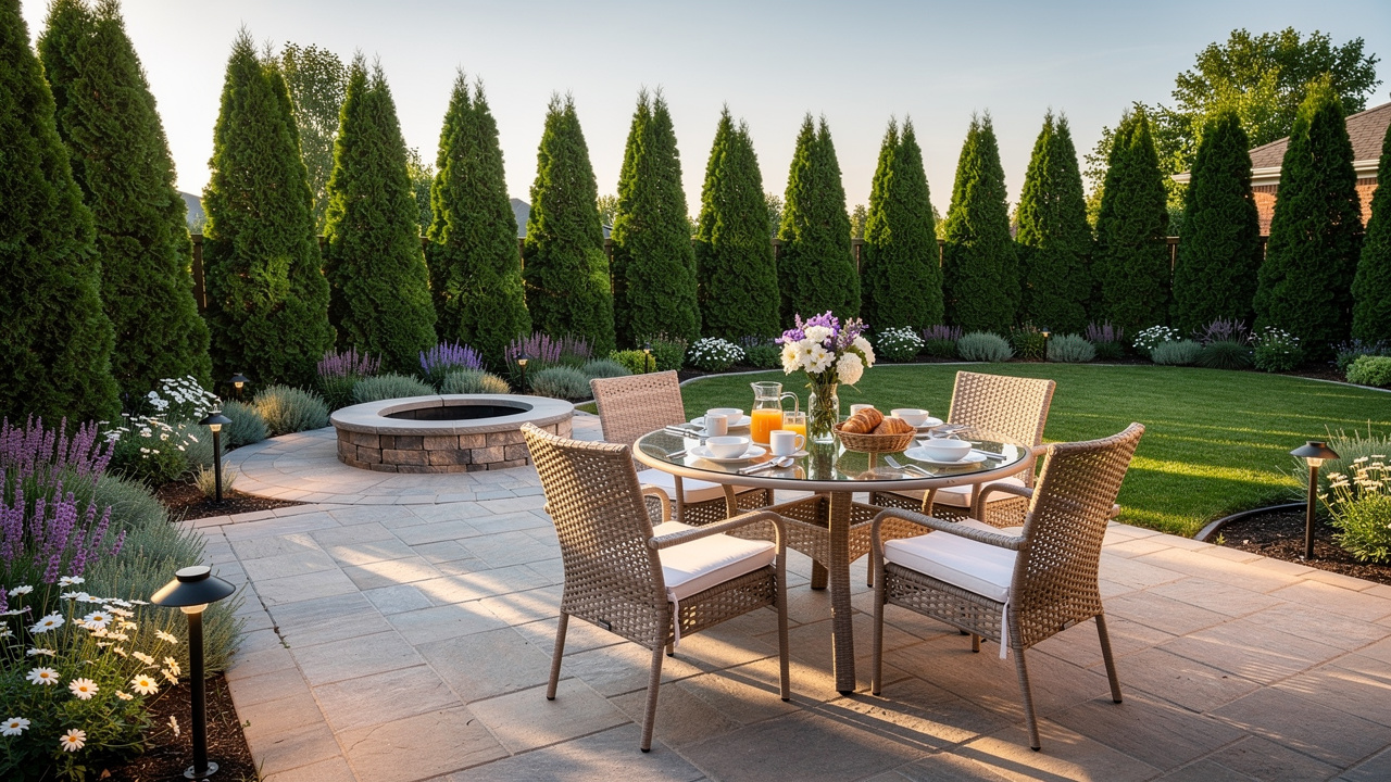 Finished outdoor retreat with paver patio and garden plantings in morning light