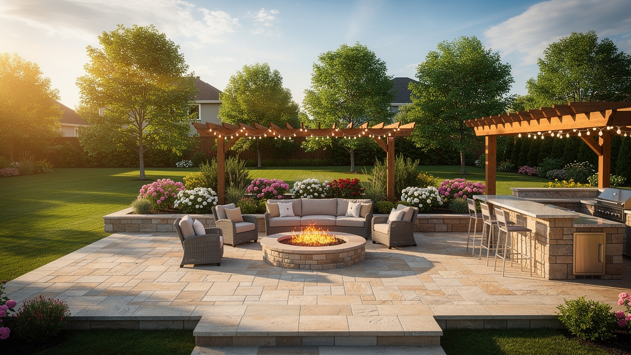 Multi-level backyard transformation with stone patio and lounge area