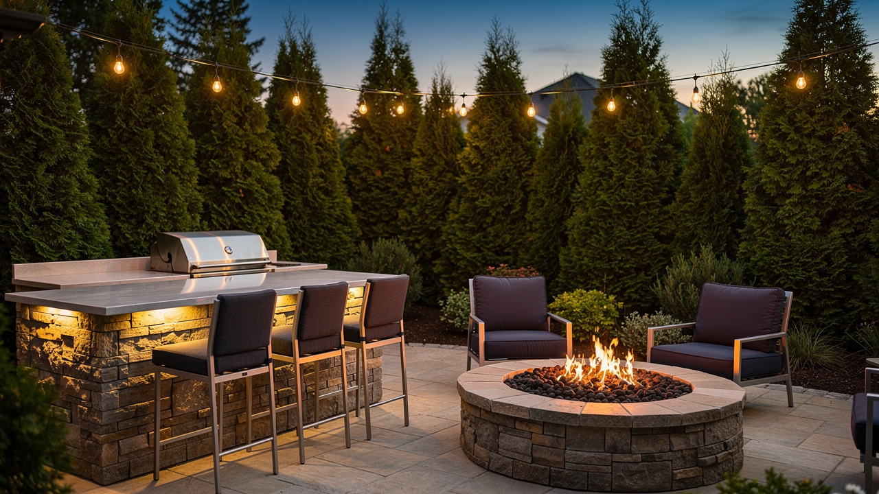 Outdoor kitchen and glowing fire pit surrounded by privacy trees at dusk