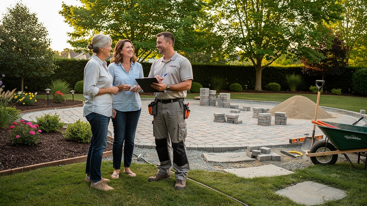 Outdoor living space contractor consulting with homeowners in backyard