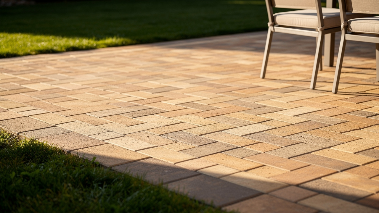 Professionally installed herringbone paver patio in residential backyard